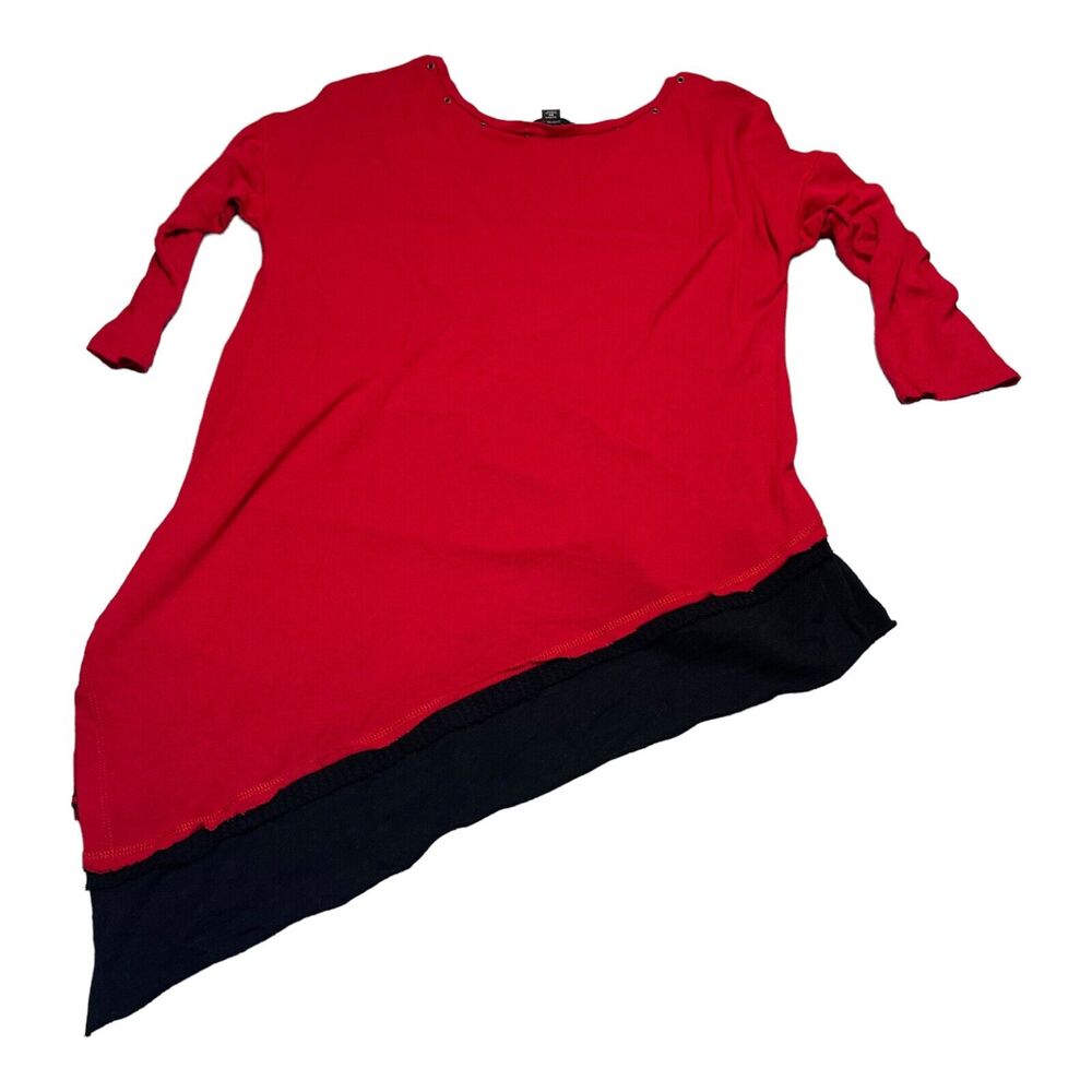 Intro Blouse Top Women's 1X Red Asymmetrical Hem Round Neck 3/4 Sleeve Pullover - Picture 2 of 7